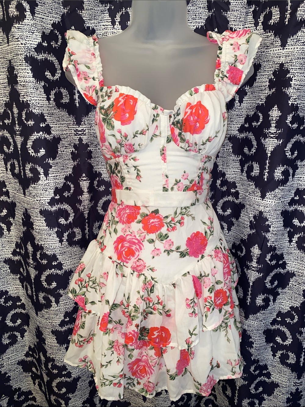 Crystal Doll White Mini Dress with Pink & Red Rose Print